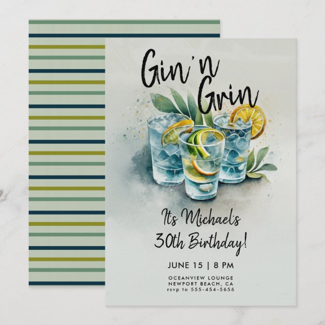 Funny Gin n Grin Drinks Party Men 30th Birthday Invitation (Front/Back)