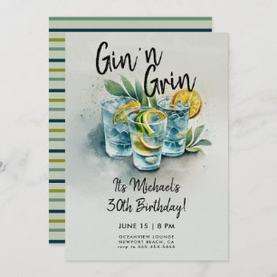 Funny Gin n Grin Drinks Party Men 30th Birthday Invitation
