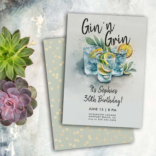 Funny Gin n Grin Drinks Party Modern 30th Birthday Invitation