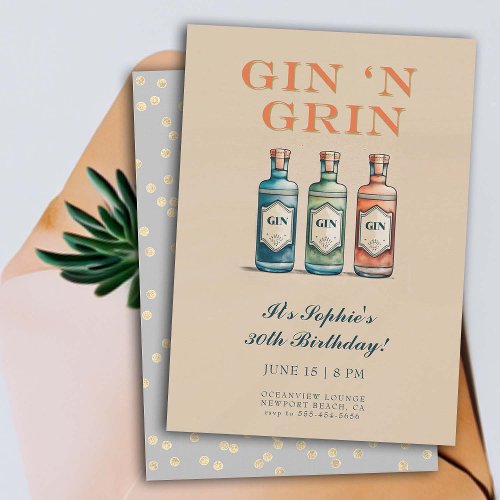 Funny Gin n Grin Humorous Elegant 30th Birthday Invitation
