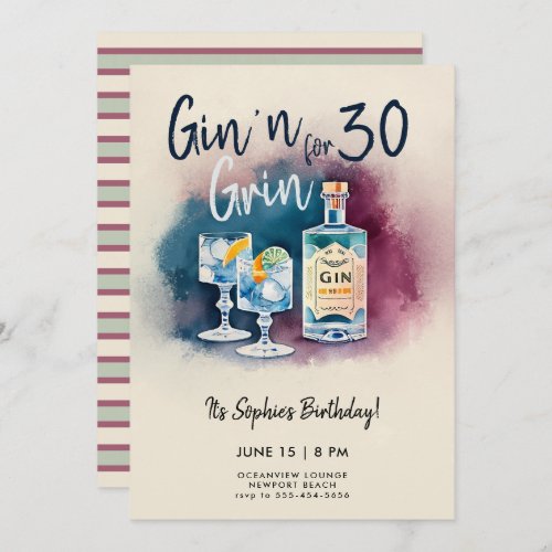 Funny Gin n Grin Party Stripe Modern 30th Birthday Invitation