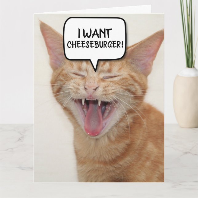 FUNNY GINGER CAT BIRTHDAY CARD I WANT-CHEESEBURGER (Front)