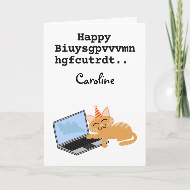Funny ginger cat Birthday on laptop Card (Front)