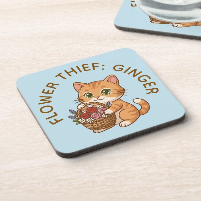 Funny Ginger Cat Flower Thief | Plastic Coaster (Left Side)