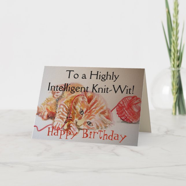 Funny Ginger Cat Knitting Knit Wool Birthday Card (Front)