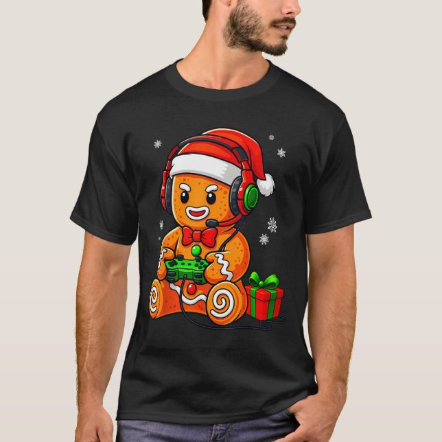 Funny Gingerbread Gaming Pjs Pajamas Christmas Xma T-Shirt (Front)