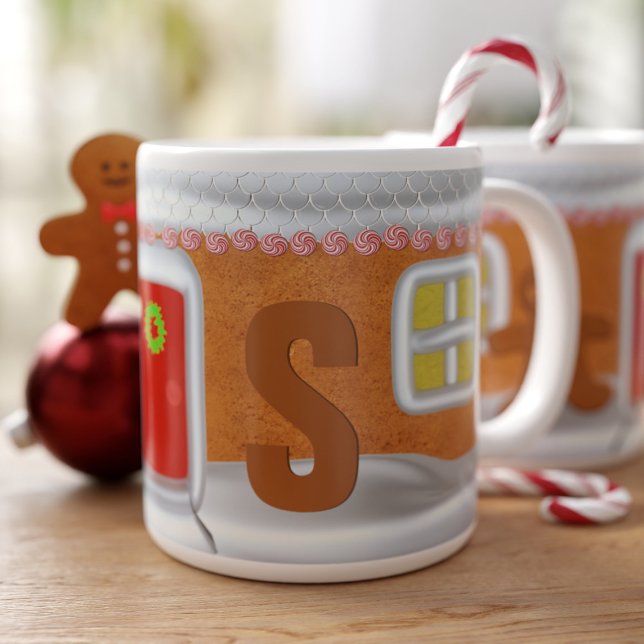 Funny Gingerbread House Monogrammed Giant Coffee Mug (Perfect large coffee mug for Christmas! Just add your initial)