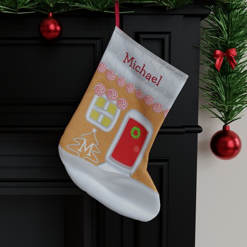 Funny Gingerbread House Monogrammed Kids Large Christmas Stocking