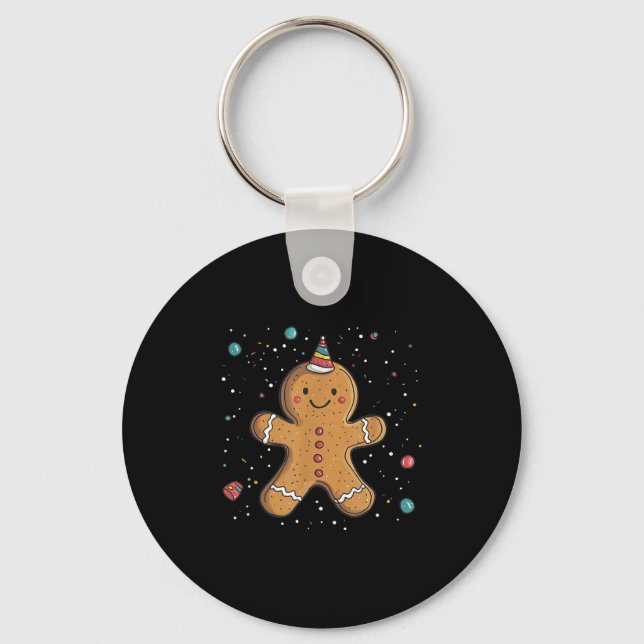 Funny Gingerbread Man With Party Hat Costume  Keychain (Front)