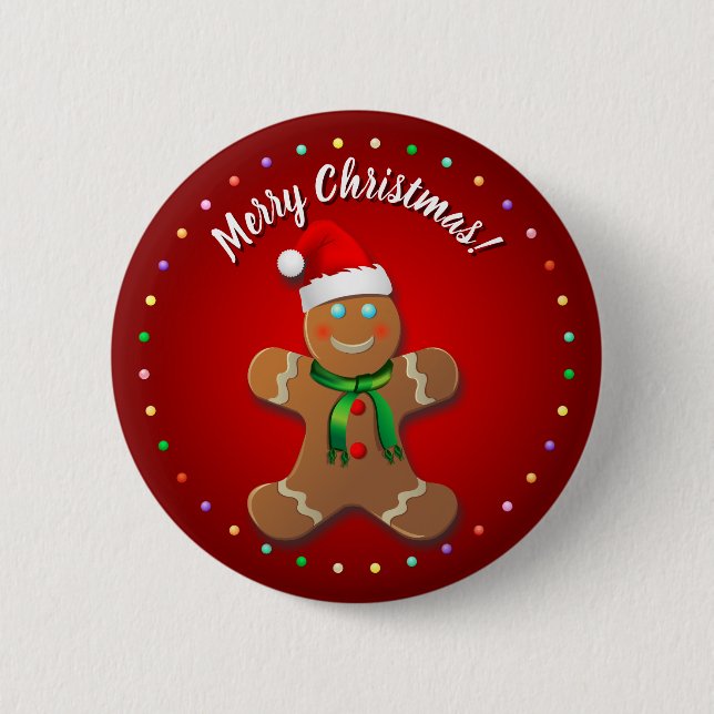 Funny Gingerbread Man With Red Christmas Hat Button (Front)