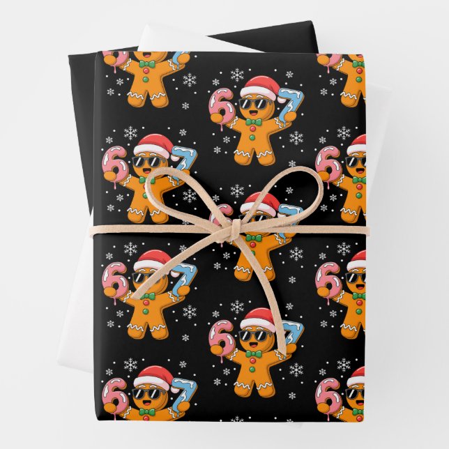 Funny Gingerbread Six Seven 67 Ice Cream Drip Xmas Wrapping Paper Sheets (In situ)