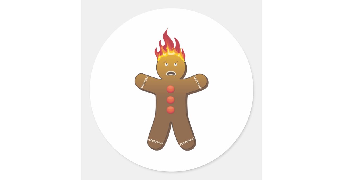 Gingerbread Fire Funny Gingerbreadman on fire Classic Round Sticker | Zazzle