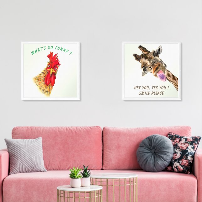 Funny Giraffe and Rooster Wall Art Set Cartoon (Livingroom)