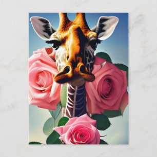 Funny Giraffe and Roses Digital Art Postcard
