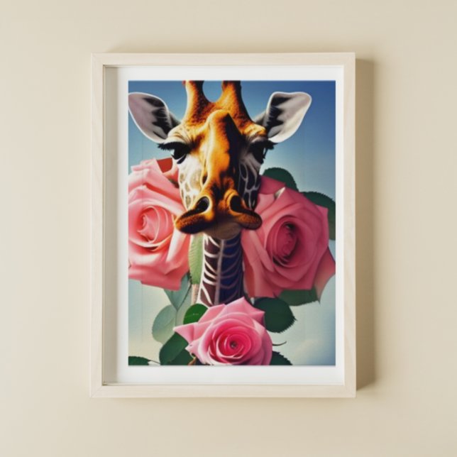 Funny Giraffe and Roses Digital Art Poster (Creator Uploaded)