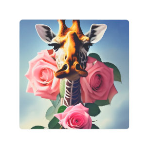 Funny Giraffe and Roses Surreal Metal Wall Art
