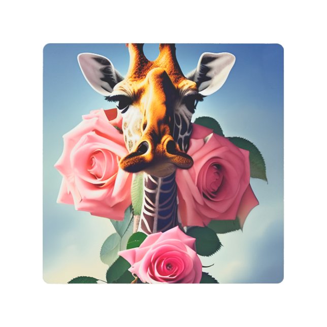 Funny Giraffe and Roses Surreal Metal Wall Art (Front)