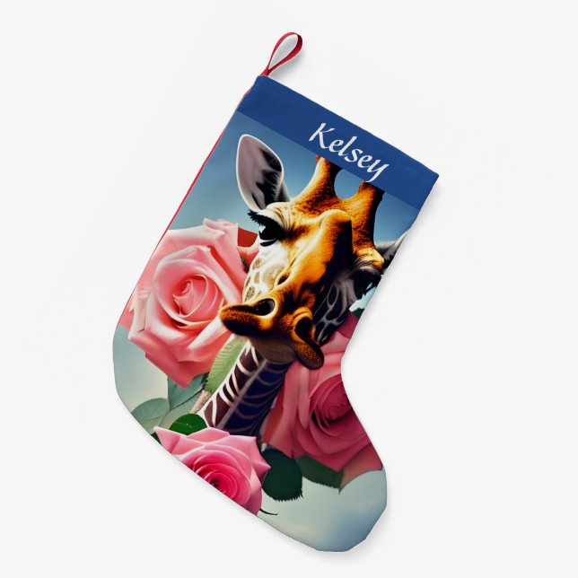 Funny Giraffe and Roses Surreal  Personalized   Small Christmas Stocking (Front (Hanging))