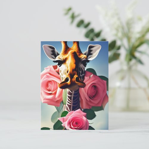 Funny Giraffe and Roses Surreal   Postcard