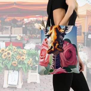 Funny Giraffe and Roses Surreal  Tote Bag