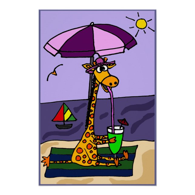 Funny Giraffe at the Beach Poster (Front)