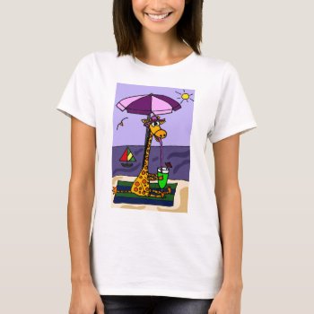 Funny Giraffe At The Beach T-shirt by tickleyourfunnybone at Zazzle