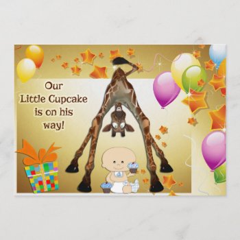 Funny Giraffe  Baby Boy And Cupcakes Baby Shower Invitation by Just_Giraffes at Zazzle