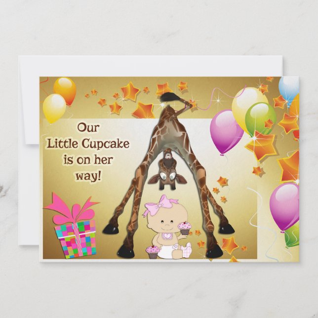 Funny Giraffe, Baby Girl and Cupcakes Baby Shower Invitation (Front)