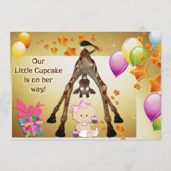 Funny Giraffe  Baby Girl And Cupcakes Baby Shower Invitation by Just_Giraffes at Zazzle
