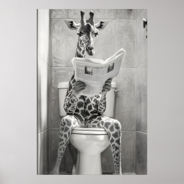 Funny Giraffe Bathroom Print, Reading Newspaper Poster (Front)