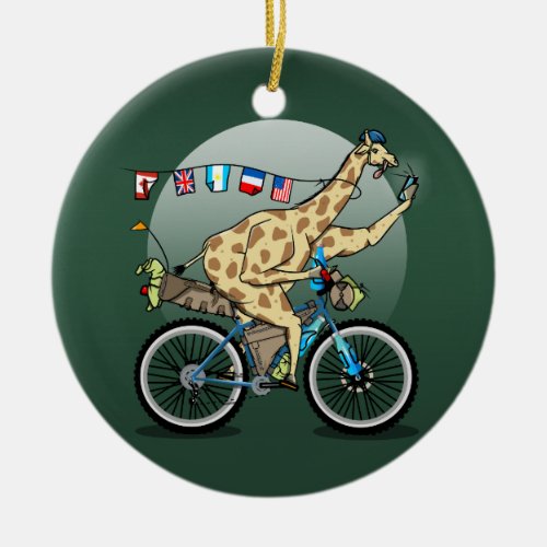 Funny giraffe bikebacking ceramic ornament