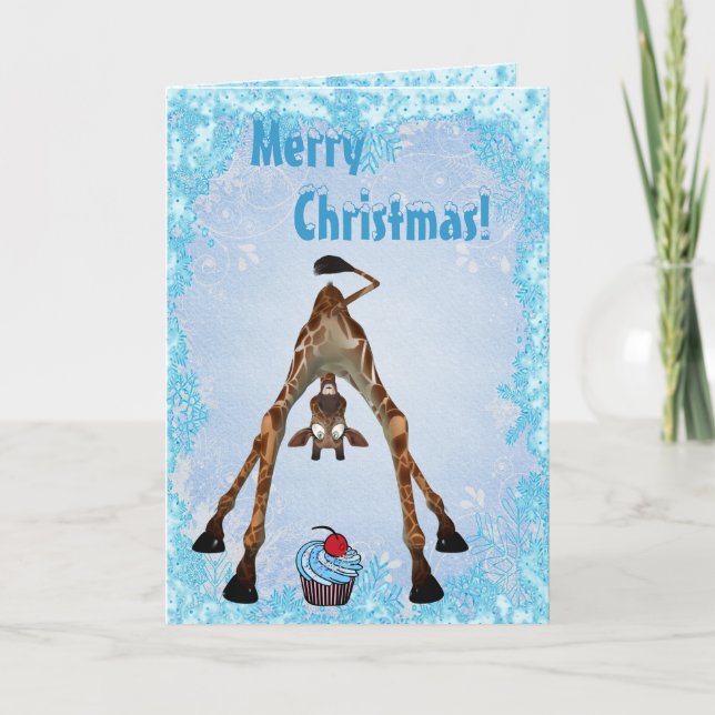Funny Giraffe & Blue Cupcake Christmas Card (Front)