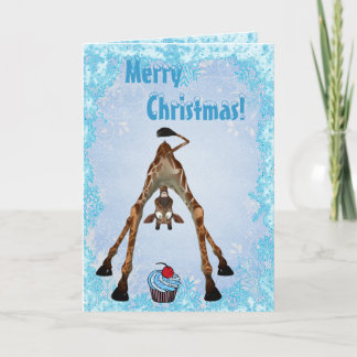 Funny Giraffe & Blue Cupcake Christmas Card
