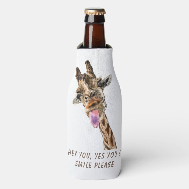 Funny Giraffe Bottle Cooler Smile - Custom Text (Bottle Front)