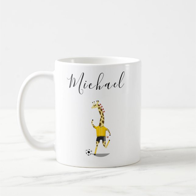 Funny Giraffe Boys Soccer Team Cute Personalized Coffee Mug (Left)