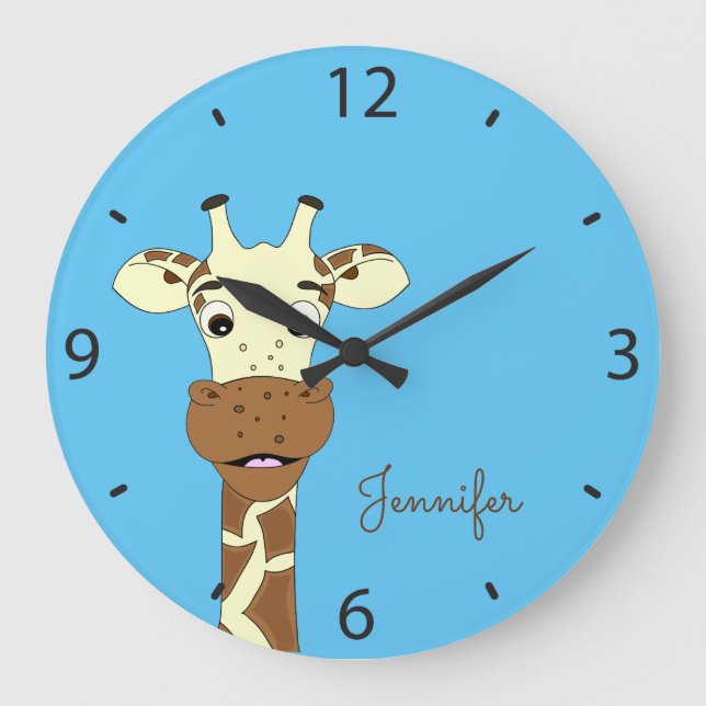 Funny giraffe cartoon blue kids name wall clock (Front)