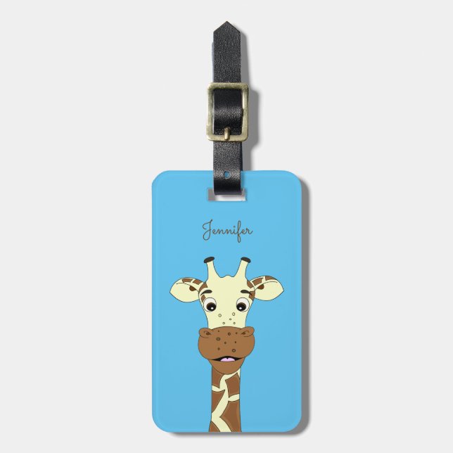 Funny giraffe cartoon blue luggage tag (Front Vertical)