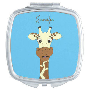 Funny giraffe cartoon blue name mirror for makeup