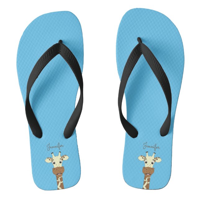 Funny giraffe cartoon blue name women's slippers (Footbed)