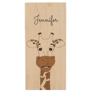 Funny giraffe cartoon kids wood flash drive