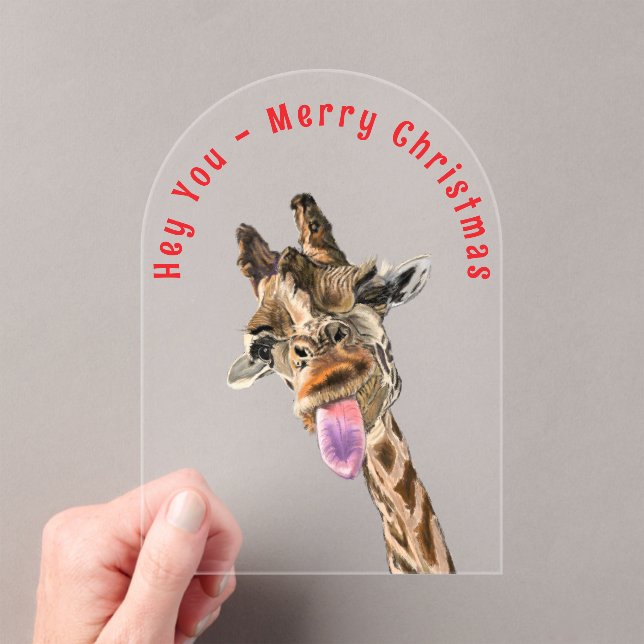 Funny Giraffe Christmas Card - Custom Text Acrylic Invitations (Insitu (Handheld))