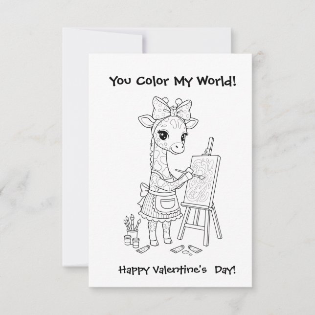 funny Giraffe Coloring Maze Classroom Valentine  Thank You Card (Front)