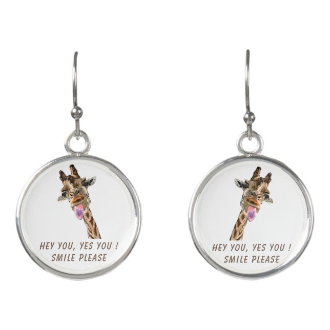 Funny Giraffe Earrings Smile - Custom Text (Front)