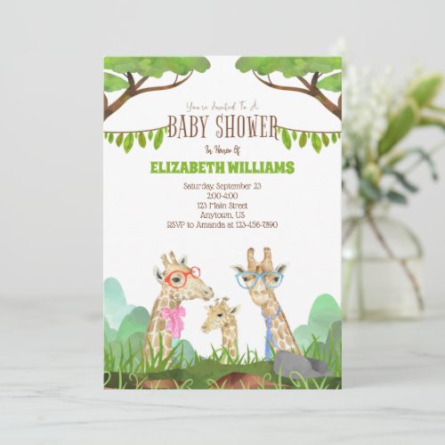 Funny Giraffe Family Safari Baby Shower Invitation