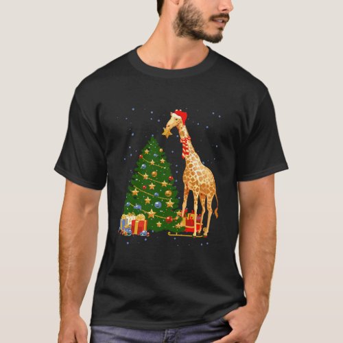 Funny Giraffe Hat In Snow Giraffe Costume Santa Ch T_Shirt