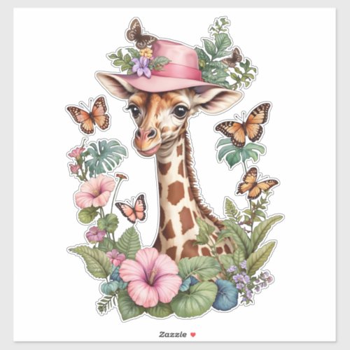 Funny Giraffe in a pink hat summer holiday sticker