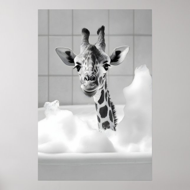 Funny Giraffe in Bubble Bath Print, Vintage Poster (Front)