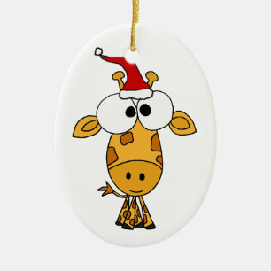 Funny Giraffe in Santa Hat Christmas Art Ceramic Ornament