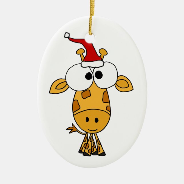 Funny Giraffe in Santa Hat Christmas Art Ceramic Ornament (Front)