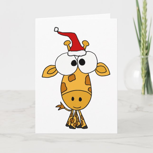Funny Giraffe in Santa Hat Christmas Art Holiday Card (Front)